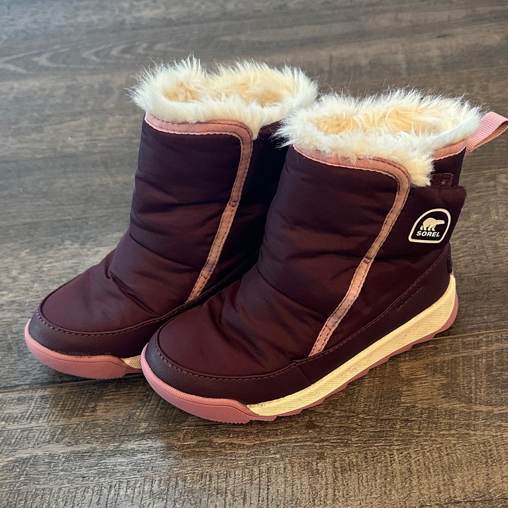 Sorel Burgundy and Pink Kids' Boots with Faux Fur